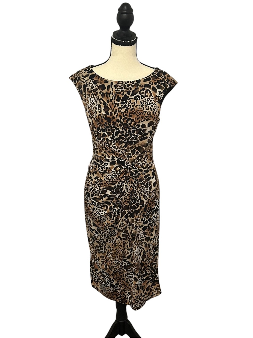 Evan Picone Black Label Leopard Print Knot-Front Midi Dress Sz 4 Boat Neck